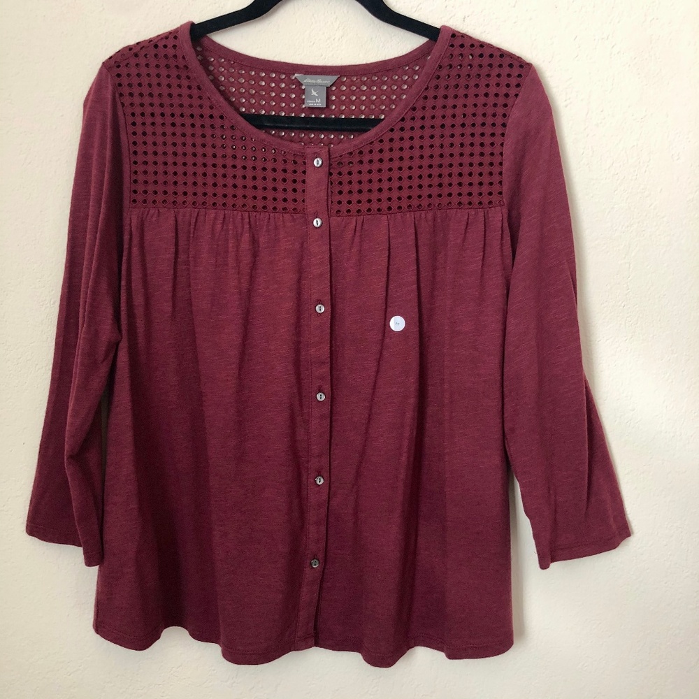 NWT Eddie Bauer 3/4 Sleeve Burgundy Button Down